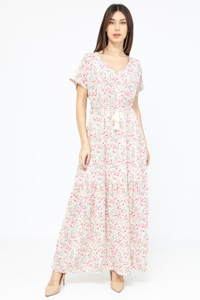 Robe Longue Bohème Rose Manche Courte - S