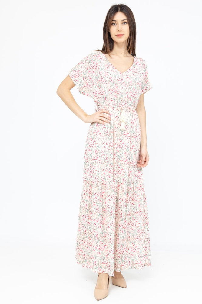 Robe Longue Bohème Rose Manche Courte