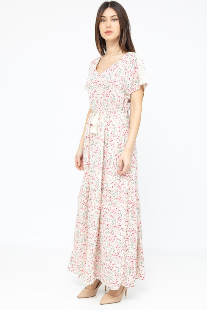 Robe Longue Bohème Rose Manche Courte